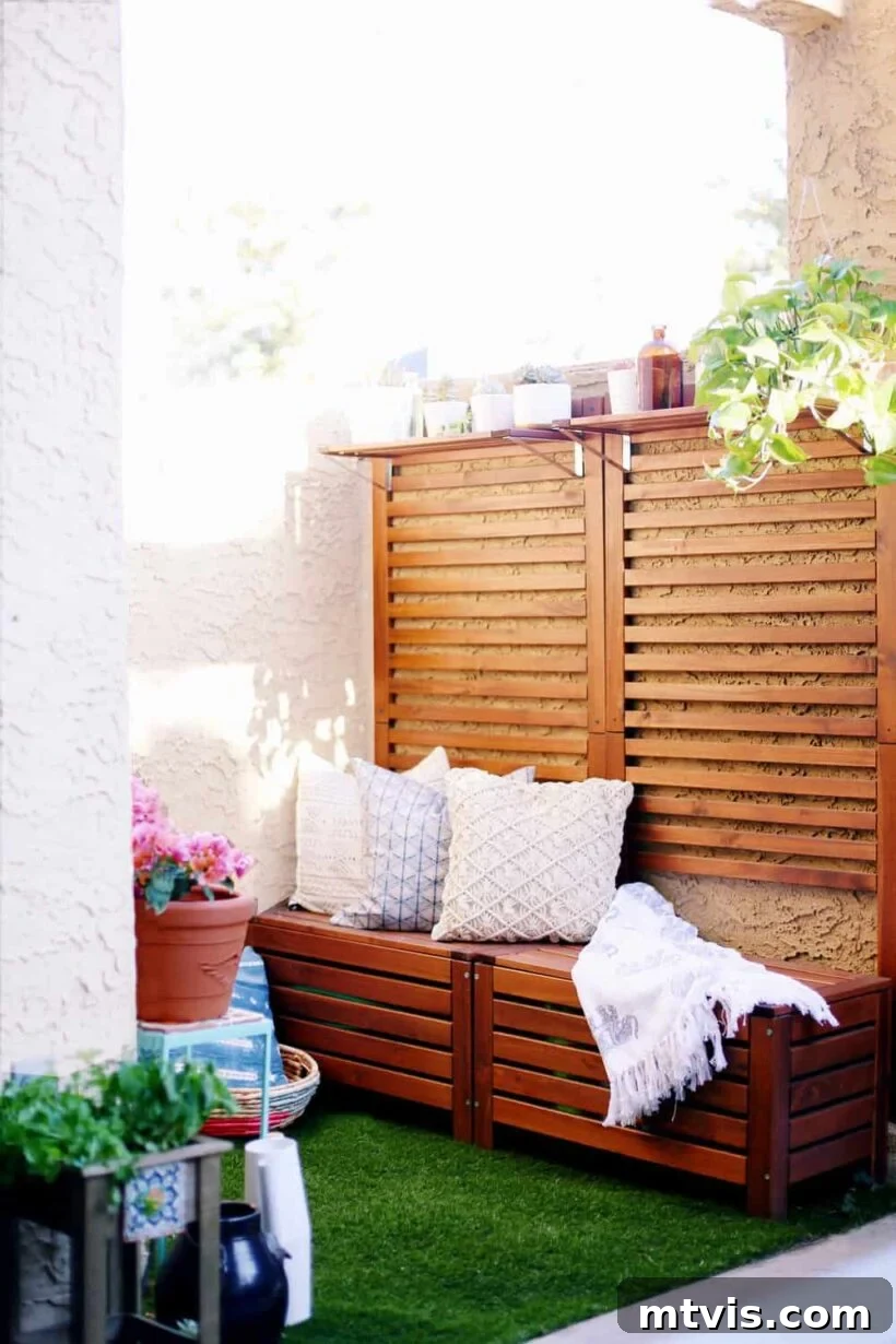 Unlock Your Porch's Potential: Designer Decor Secrets 16 outdoor benches with backing from IKEA, offering smart seating and storage solutions for a small porch