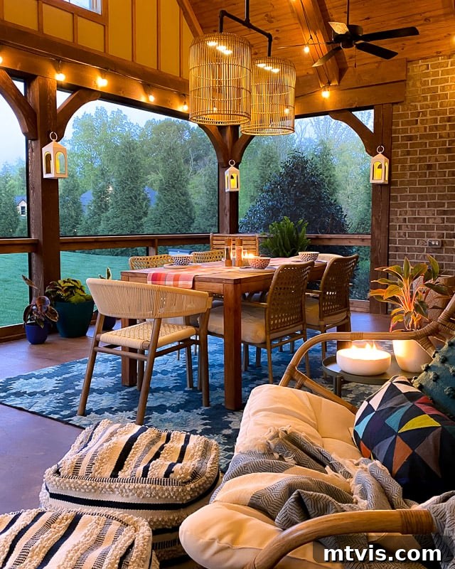 Unlock Your Porch's Potential: Designer Decor Secrets 5 cozy outdoor dining area on a screened porch, adorned with soft textiles and ambient lighting