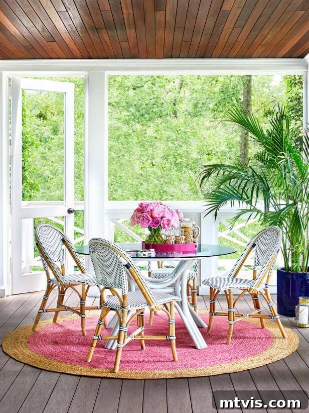 Unlock Your Porch's Potential: Designer Decor Secrets 9 screened-in porch with pink and navy accents, a wood plank ceiling, and a large potted plant in a navy container