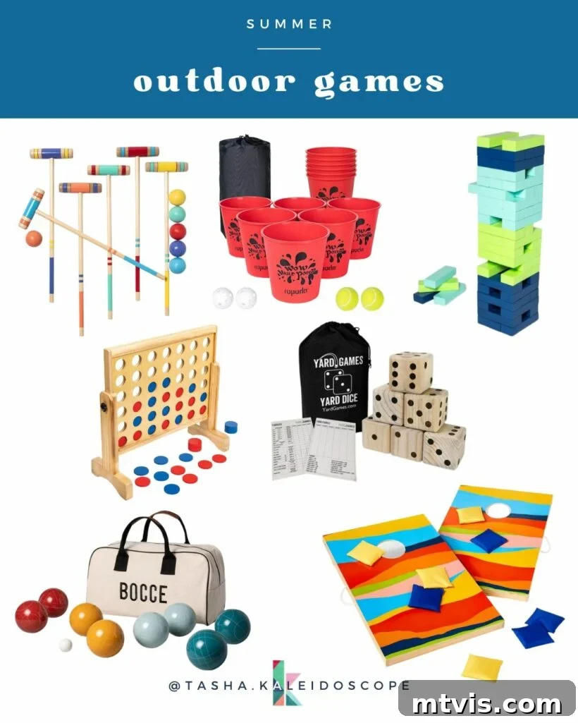 A collection of seven colorful backyard games under a blue banner that reads, "outdoor games."
