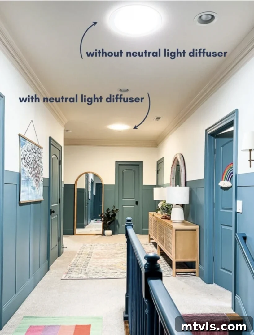 Sun Tunnels A Smart Addition To Your Home 19 Comparison of Velux sun tunnel diffusers, showing different light temperatures from cool to neutral in a hallway setting.