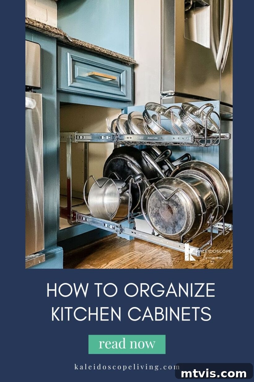 Everyday Kitchen Cabinet Organization 2 A graphic with a picture of a pull-out drawer with a pan and pot holder is framed by blue borders and the bottom says, "How to Organize Kitchen Cabinets Read Now KaleidoscopeLiving.com."