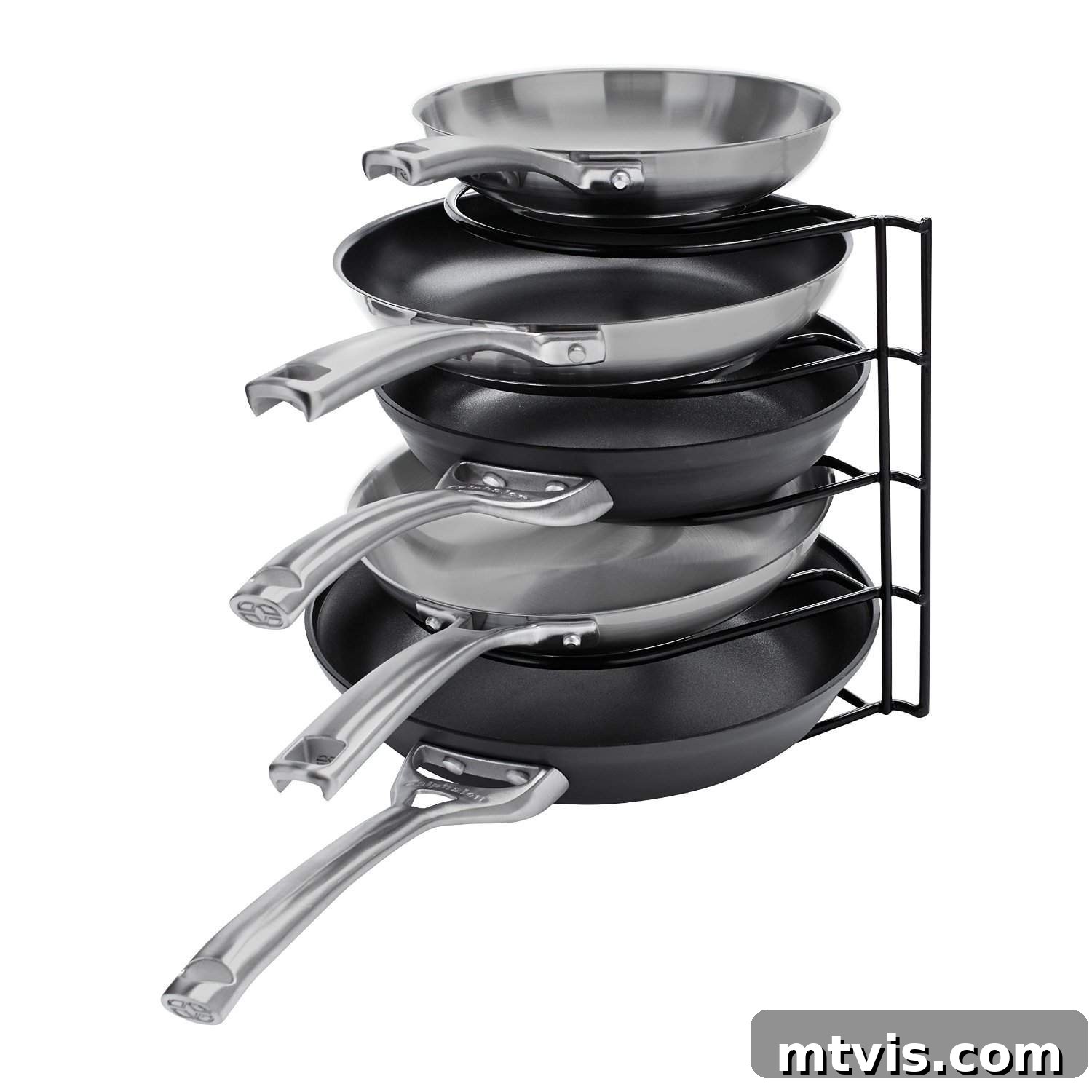 Everyday Kitchen Cabinet Organization 16 Learning how to organize kitchen cabinets means utilizing vertical space, which can be done with this pan organizer rack holding varying sizes of pans.