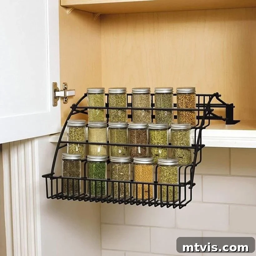 Everyday Kitchen Cabinet Organization 20 An open white cabinet, empty except for the three-tier, black wire pull-down spice rack, full of colorful spices.