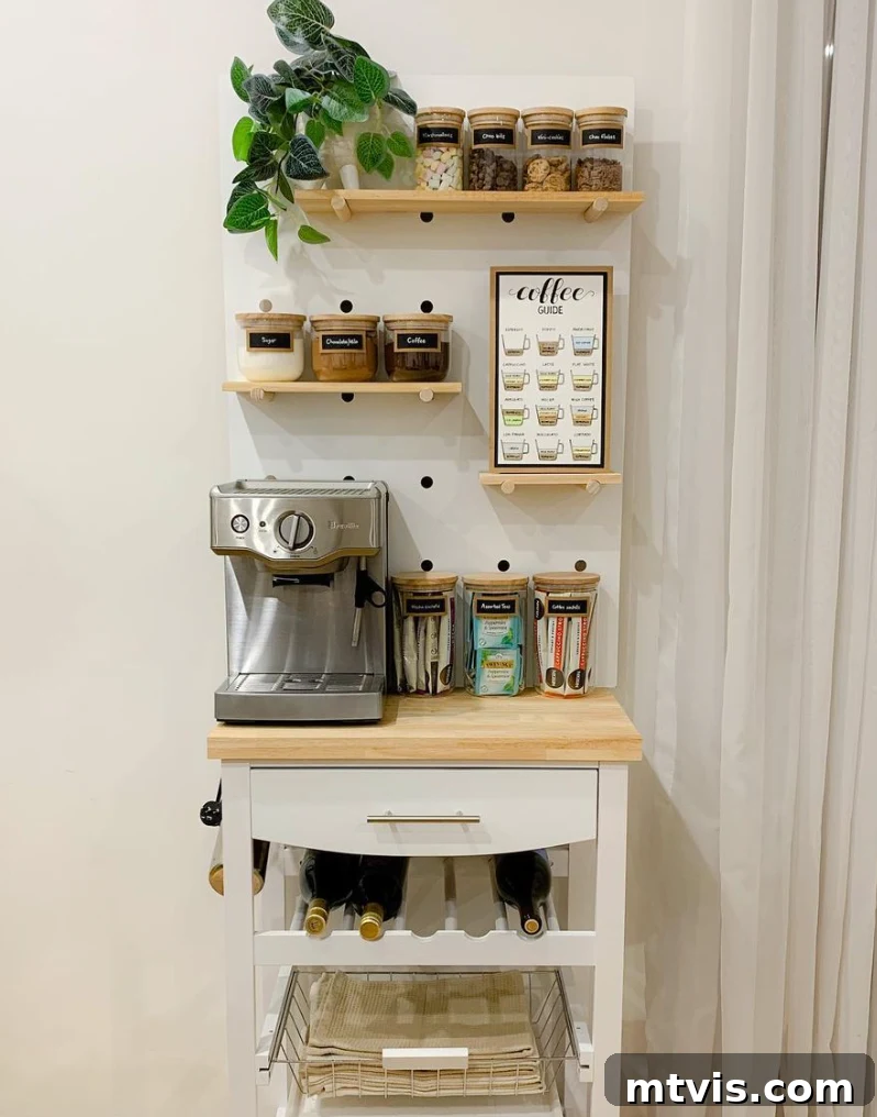 Chic and Functional Coffee Bar Designs 8 pegboard storage and shelves above coffee cart