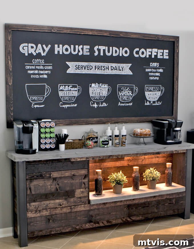 Chic and Functional Coffee Bar Designs 13 DIY coffee bar with chalkboard