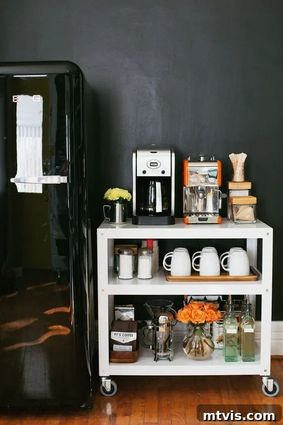 Chic and Functional Coffee Bar Designs 3 rolling coffee bar cart