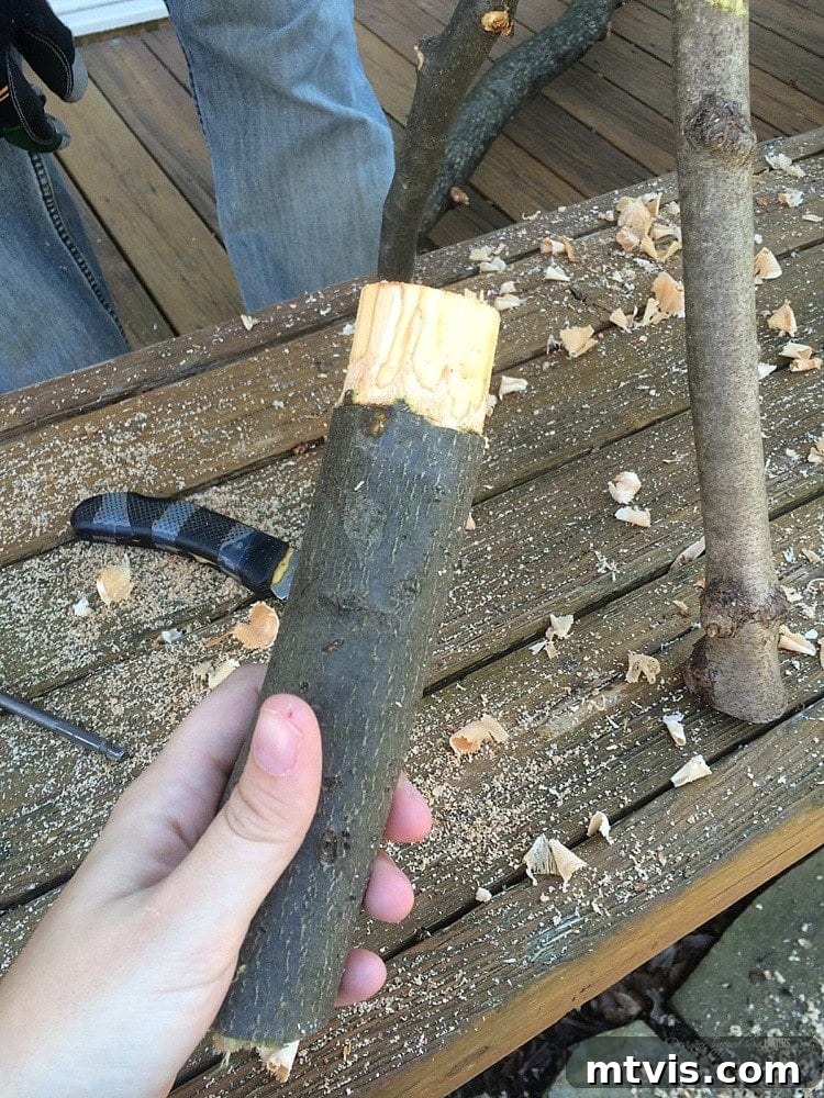 Crafting a Rustic Christmas Reindeer from Logs 4 Shaving wood for a snug fit of the log reindeer leg