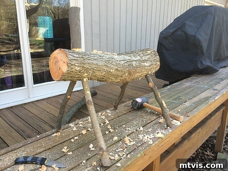 Crafting a Rustic Christmas Reindeer from Logs 5 Assembling the log reindeer body, legs, and neck for proportion check