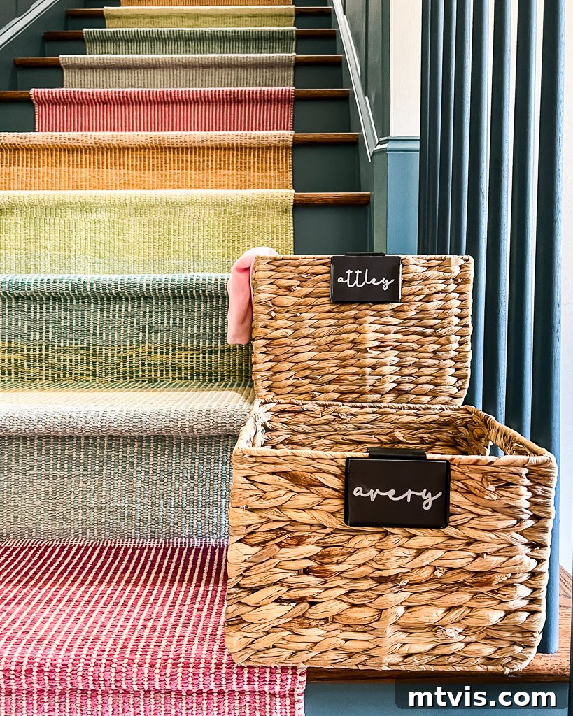 close-up of name labels made with Cricut Joy for water hyacinth baskets on stairs
