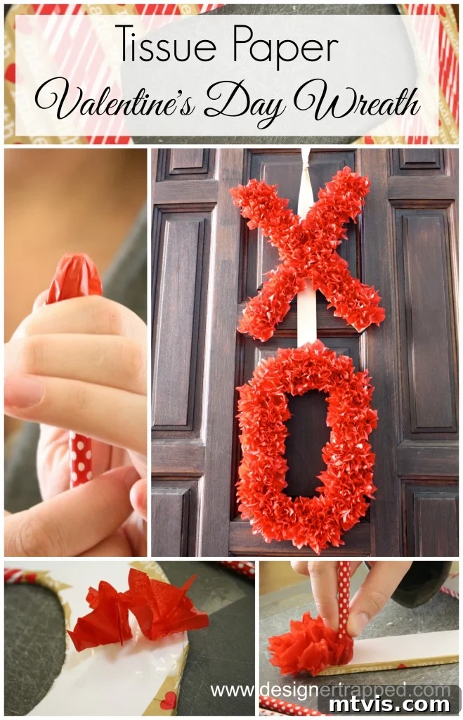 Valentines Door Decor DIY 18 The completed fluffy red tissue paper 'XOXO' wreath, prominently displayed against a simple backdrop.