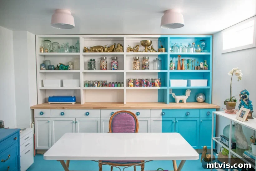 Unique bright blue offset stripe on a basement office bookcase, custom-mixed from leftover paint.