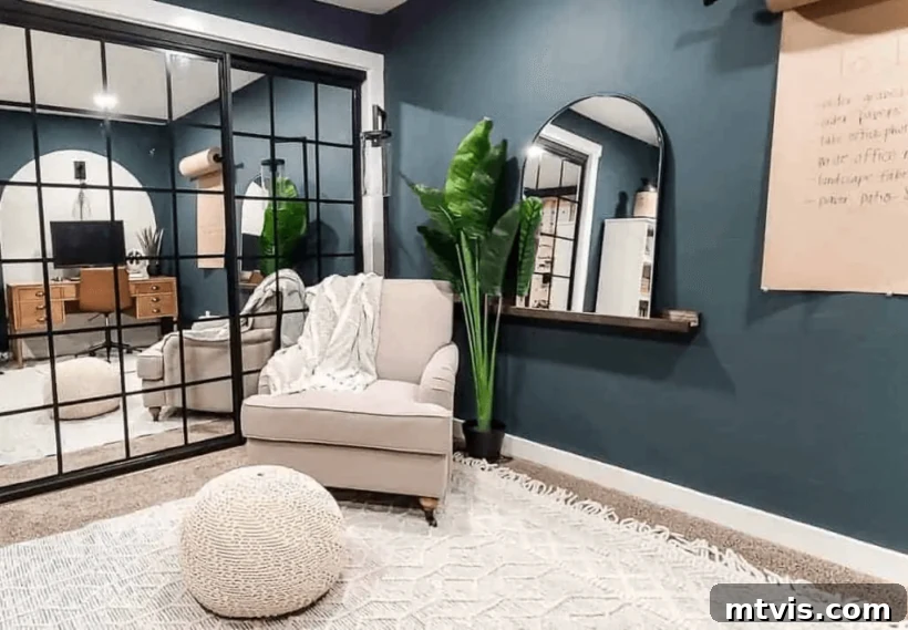 Deep blue-green walls in Behr Midnight in NY, balanced with mirrored doors and light accents in a windowless room.