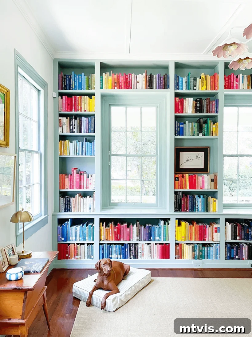 Soft blue-green painted bookshelves in Benjamin Moore Wythe Blue, showcasing its chameleon-like qualities.