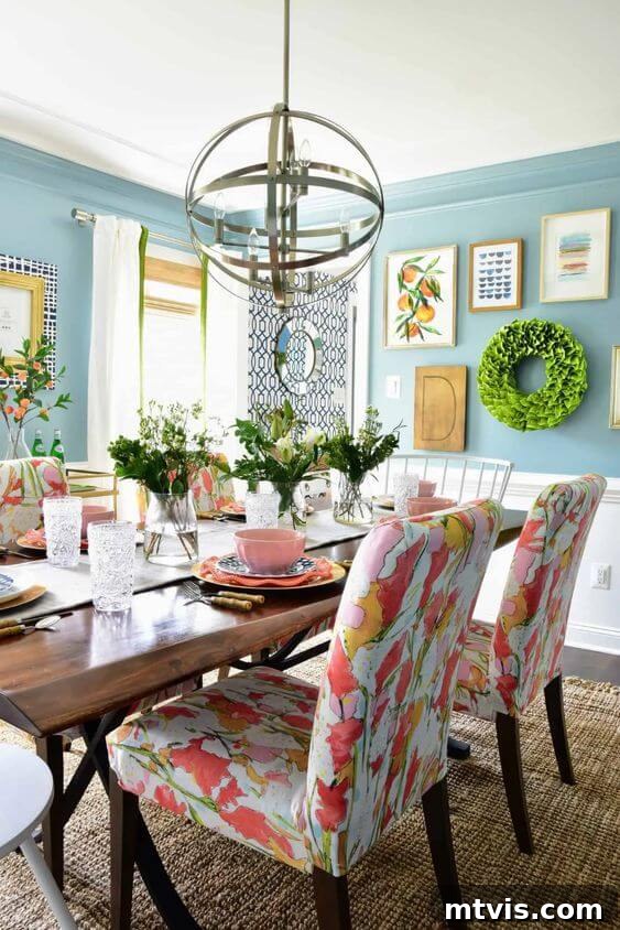 Colorful dining room with blue-green walls in Clare Summer Friday, adorned with botanical art.