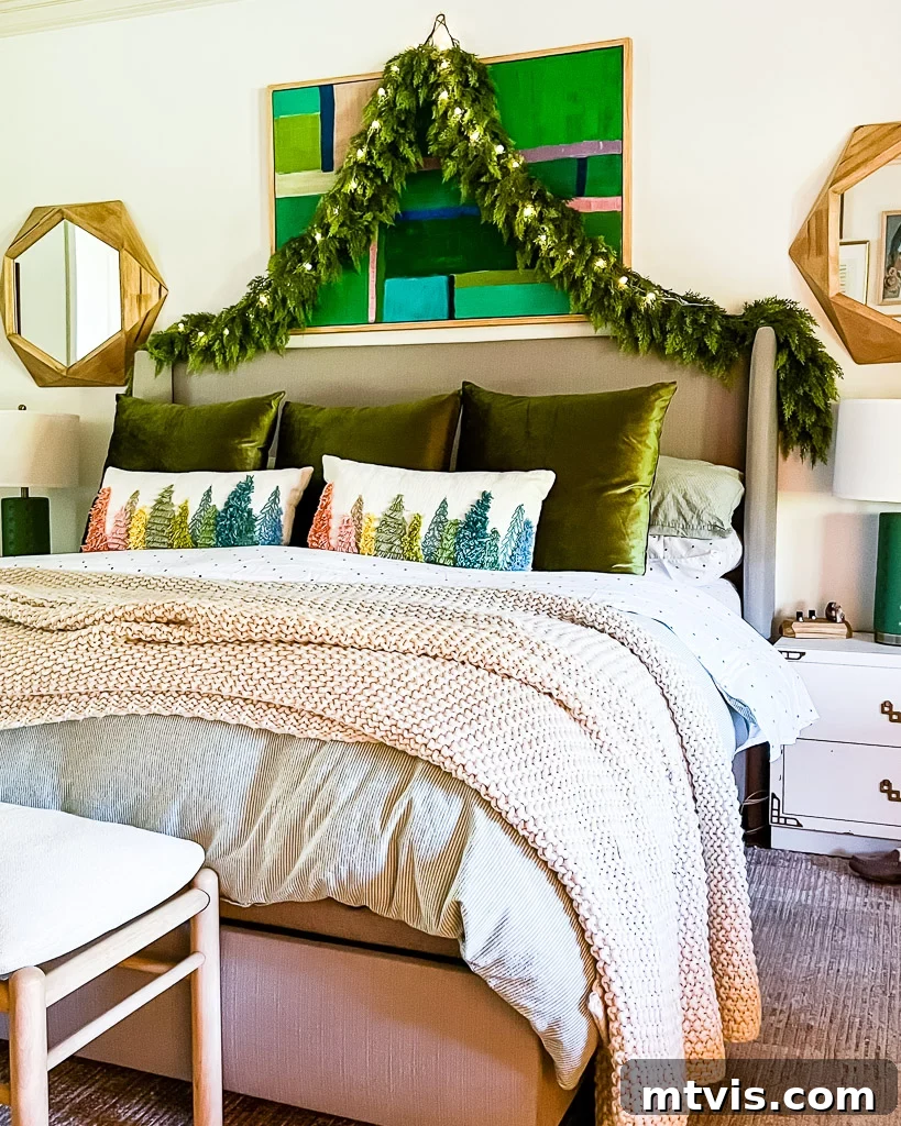 Realistic artificial garlands elegantly hung over a bed in a festive Christmas-decorated bedroom, adding warmth and charm.