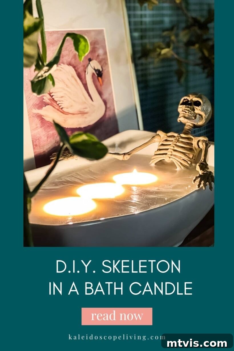 Skeleton Soaker Halloween Glow 2 A large DIY Halloween candle featuring a skeleton lounging in a ceramic bathtub, perfect for spooky home decor.