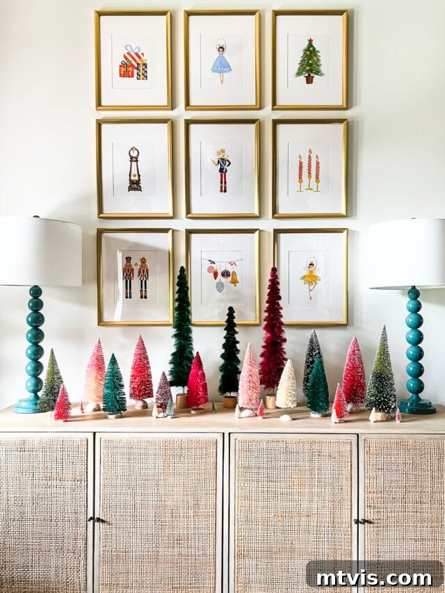 Design Your Dream Christmas Aesthetic 4 Christmas aesthetic - Photo of colorful entryway decorated for Christmas with nutcracker art and bottlebrush trees by Tasha Agruso of Kaleidoscope Living