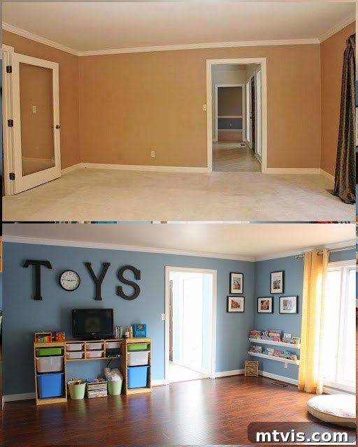 Playroom Before and After Ideas Before and after comparison of the playroom transformation