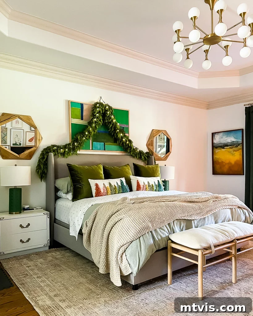 Create a Cozy Christmas Bedroom Retreat 3 Close-up of Christmas bedroom decor focusing on festive throw pillows and luxurious green velvet shams on a bed, with a glimpse of a holiday-themed artwork.