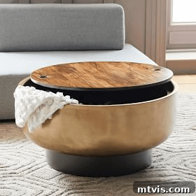 West Elm drum storage coffee table, a modern design with ample room for blankets and easy access tabletop