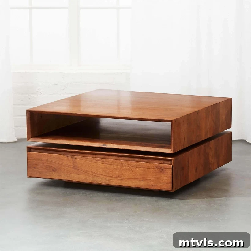 CB2 Spin rotating coffee table with mid-century lines and ample storage options