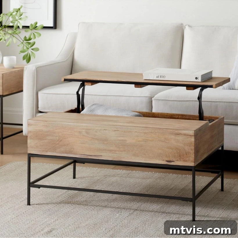 West Elm pop up coffee table, an industrial-style, highly versatile table with hidden storage