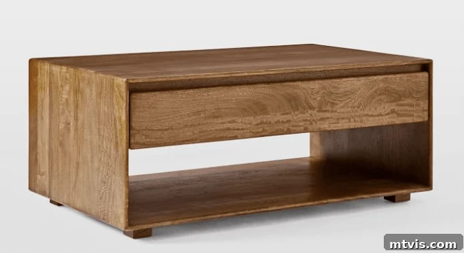 West Elm Anton coffee table with clean lines and a full storage drawer, ideal for minimalist decor