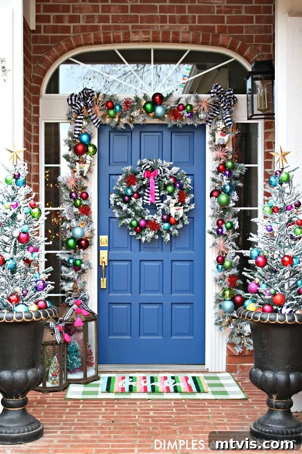 Festive Front Porch Christmas Magic 5 A brick house with a blue front door has colorful front porch Christmas decorations by Jennifer of Dimples & Tangles. These include frosted silver trees, garland, and a wreath dotted with multicolored baubles and ribbons.