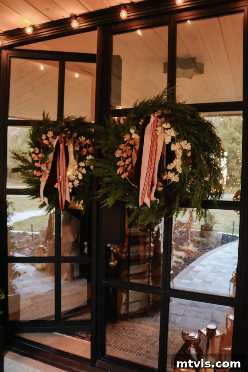 Festive Front Porch Christmas Magic 6 A twilight view of glass front doors with layered wreaths decorated with pink and cream ribbons and florals to make understated and sophisticated front porch Christmas decorations, created by Nesting with Grace.