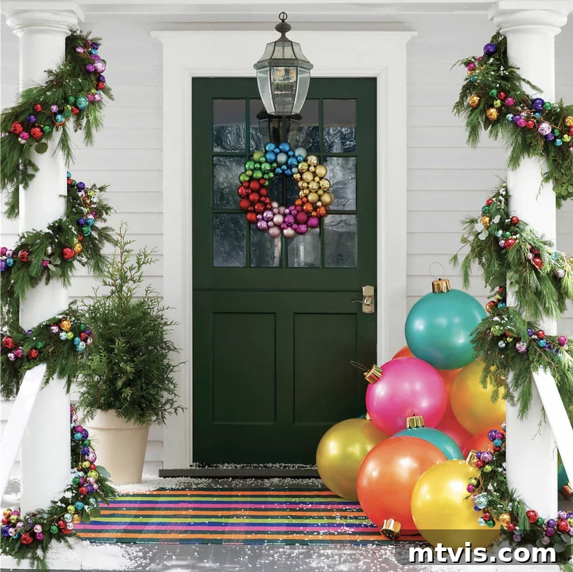 Festive Front Porch Christmas Magic 10 Anne Selke has created fun front porch Christmas decorations including a rainbow ball door wreath; white pillars wrapped in garland and giant Christmas ornaments in pastel colors.