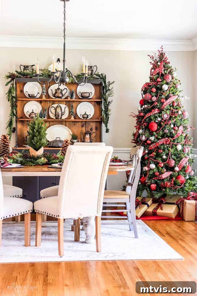 Traditional dining room adorned with classic red and green Christmas decorations, creating a timeless festive ambiance.