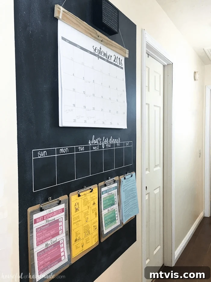 Conquer Family Chaos: Calendar Strategies for a Peaceful Home 12 A rustic command center featuring both a weekly chalk calendar and a monthly paper calendar, alongside clipboards and chore charts, creating a comprehensive family organization hub.