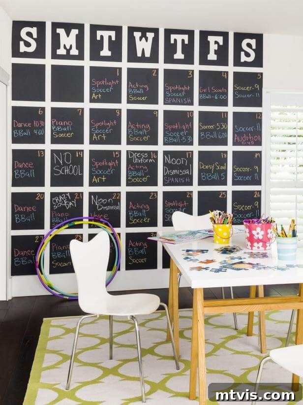Conquer Family Chaos: Calendar Strategies for a Peaceful Home 5 A striking full-wall chalkboard calendar, featuring a grid layout and ample space for detailed family planning, showcasing a blend of functionality and rustic design.
