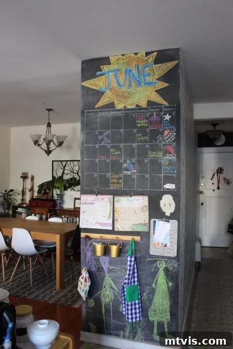 Conquer Family Chaos: Calendar Strategies for a Peaceful Home 6 An expansive family command center showcasing a large chalkboard wall with a grid calendar and additional space below for notes or creative expressions, reflecting a functional and artistic approach to home organization.