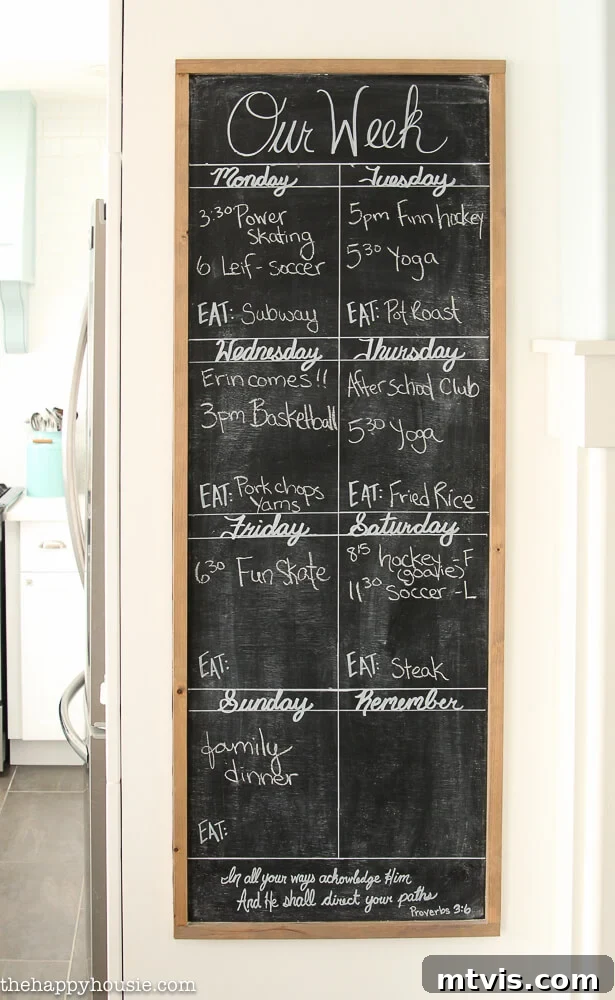 Conquer Family Chaos: Calendar Strategies for a Peaceful Home 9 A creative DIY chalkboard weekly calendar prominently displayed on the side of a kitchen refrigerator, featuring ample space for daily meal plans and events.