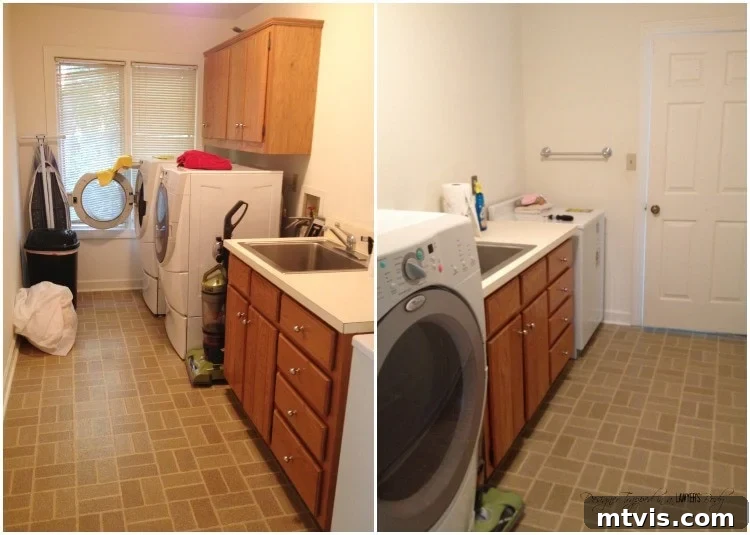 The uninspired and neglected 'before' state of the laundry room, with crooked blinds and dull decor.