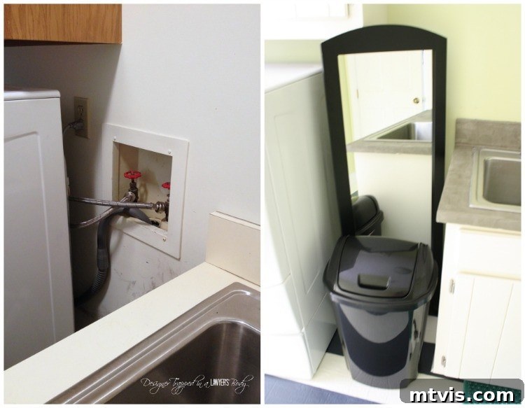 Cleverly placed mirror hiding plumbing, enhancing the functionality and aesthetics of the laundry room.
