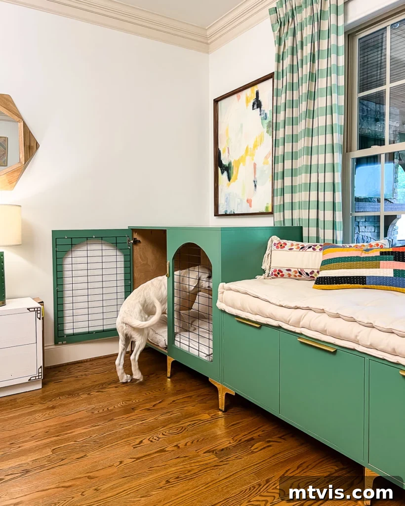 The Ultimate Guide to Furniture Paint for Every Project 6 DIY dog crate and bench painted a rich green color with Sherwin Williams Emerald Urethane Trim Enamel