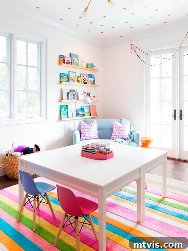 Playful and Chic Playroom Design Guide 13 A sunny, colorful playroom with stars on ceiling, bookshelves in the corner. a striped rug, and central white table. Playroom ideas can include impactful ceilings.