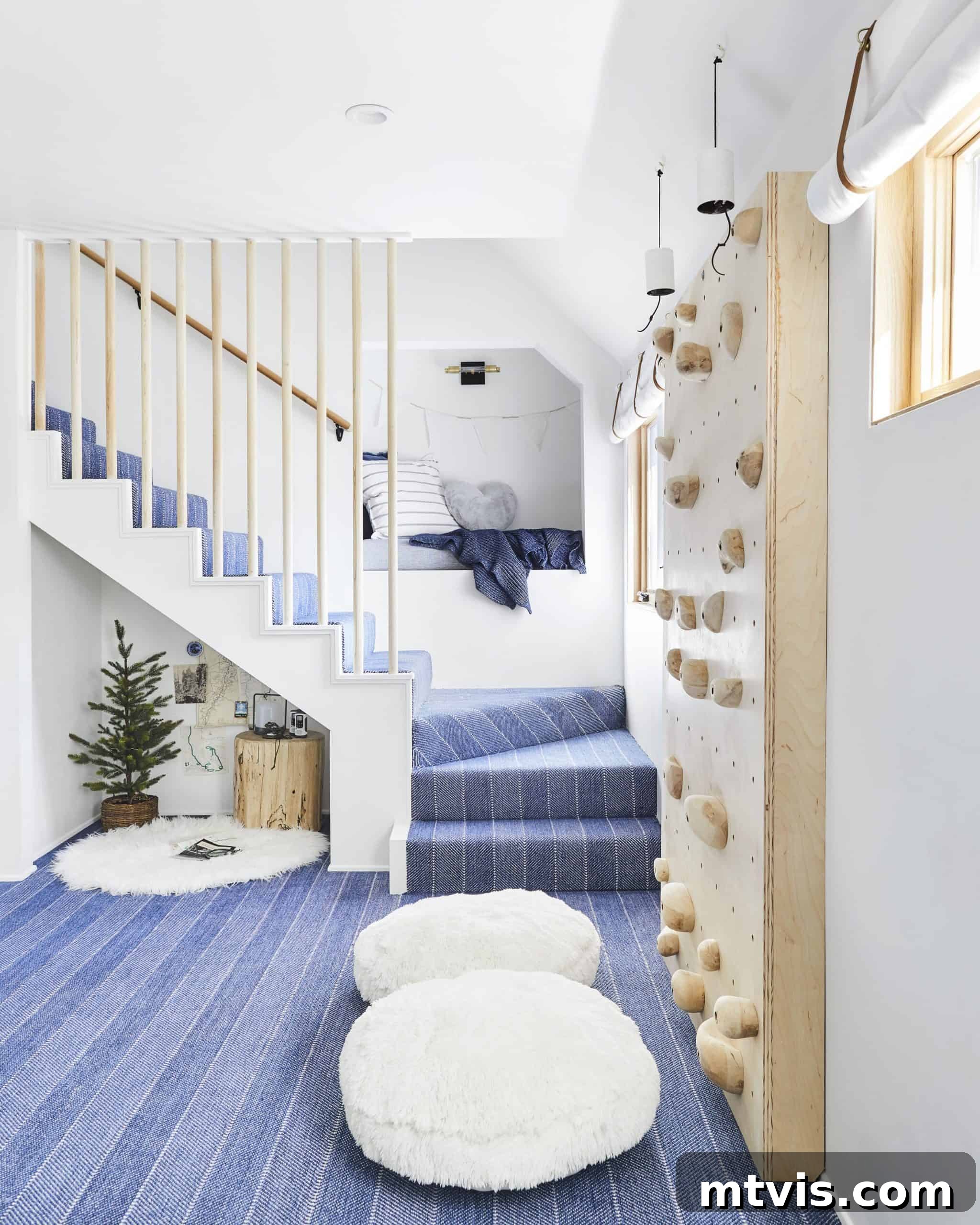 Playful and Chic Playroom Design Guide 24 Blue striped stairs line the back wall and stop at an indoor climbing frame. Under the stairs is a little display with a small fir tree and other knickknacks. This playroom idea includes using an alcove at the back of the stairs as a place to sit.