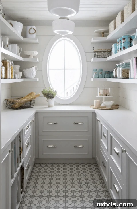 white pantry with cabinets and open shelving and oval window
