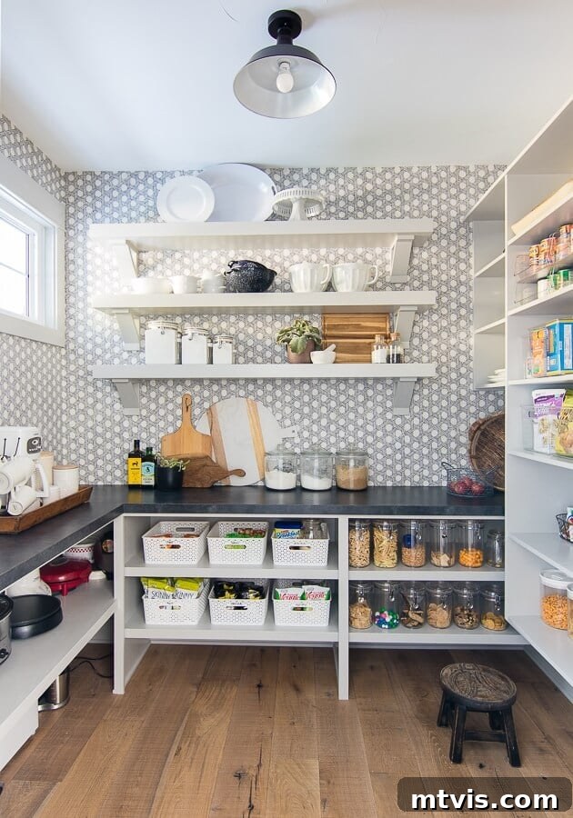 pantry with bins and open shelving