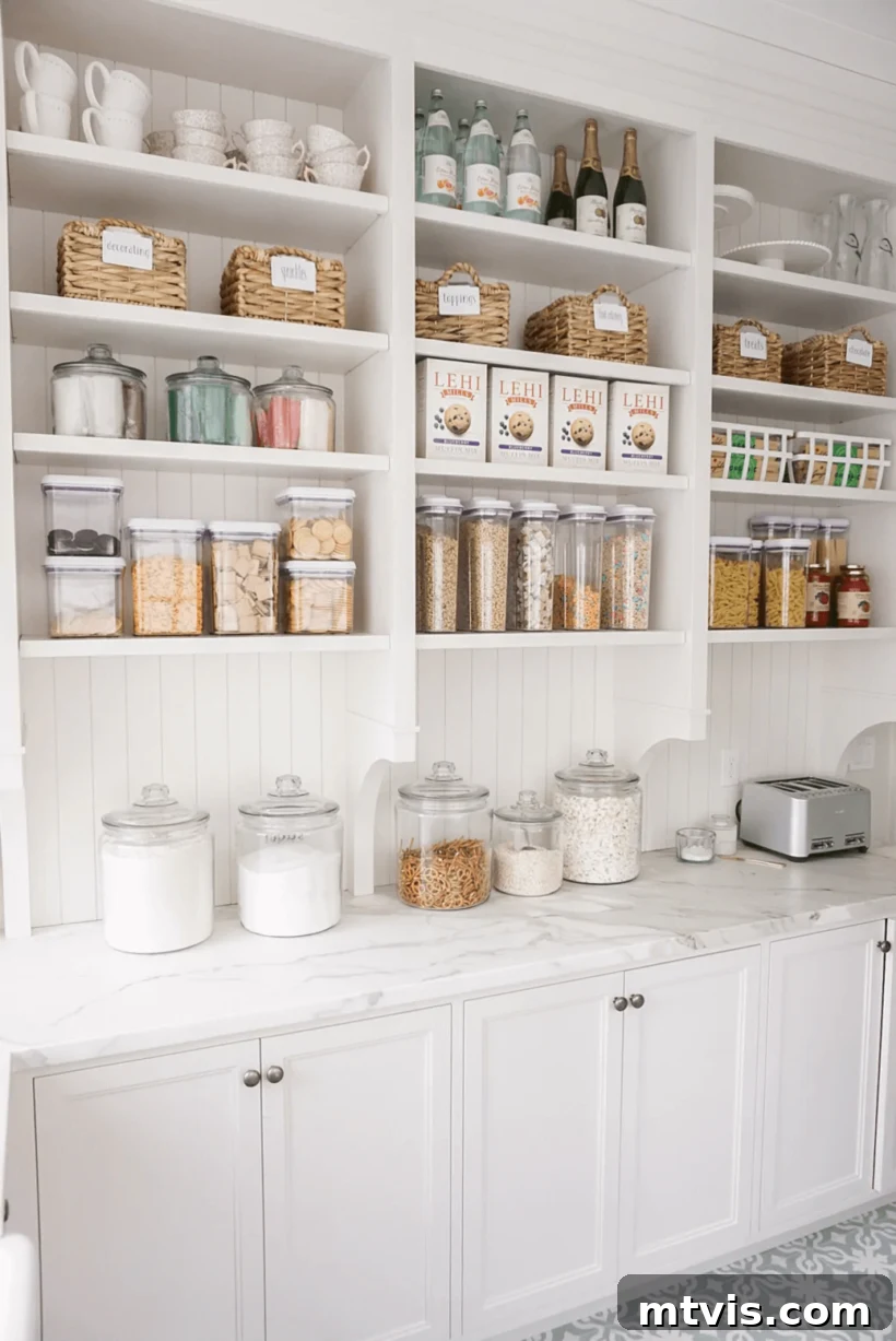 pantry organization with bins and glass jars