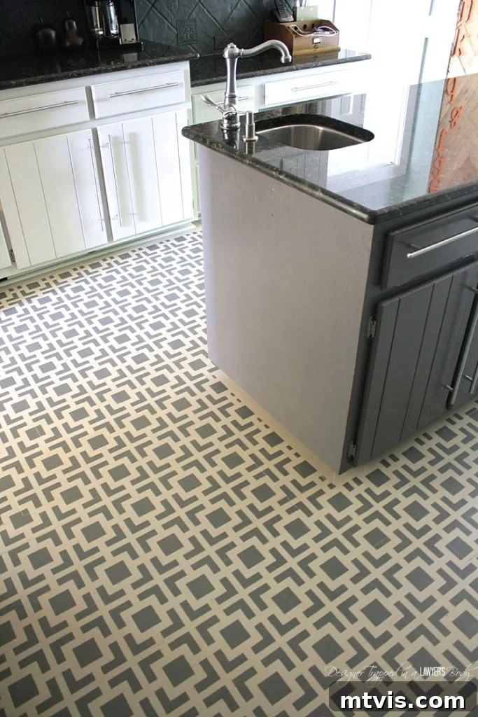 The stunning final reveal of freshly stenciled floors, transformed from damaged wood. This DIY project offers an elegant, affordable solution, showcasing a beautiful pattern that elevates the entire room's aesthetic.