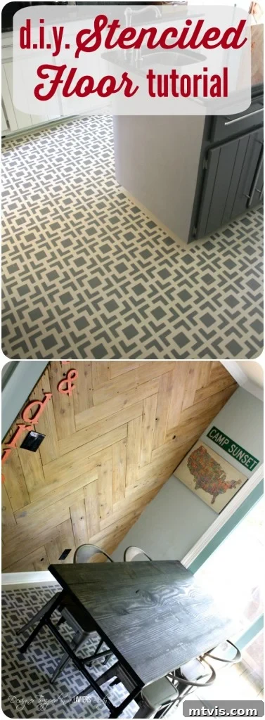 Pin this tutorial! Discover how to beautifully transform damaged wood floors with a DIY stencil project. This budget-friendly option creates stunning, customized floors without the high cost of refinishing.