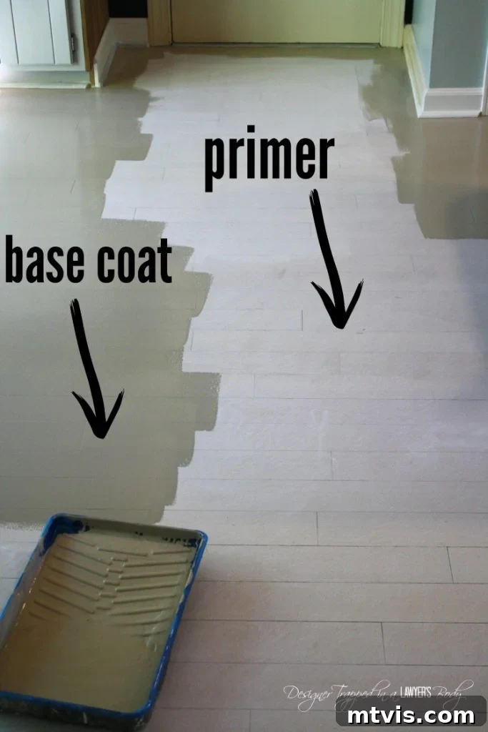 After priming, apply the chosen base color uniformly across the floor using a large roller. This crucial step sets the stage for your DIY stenciled floor design, ensuring a rich, consistent background for the pattern.