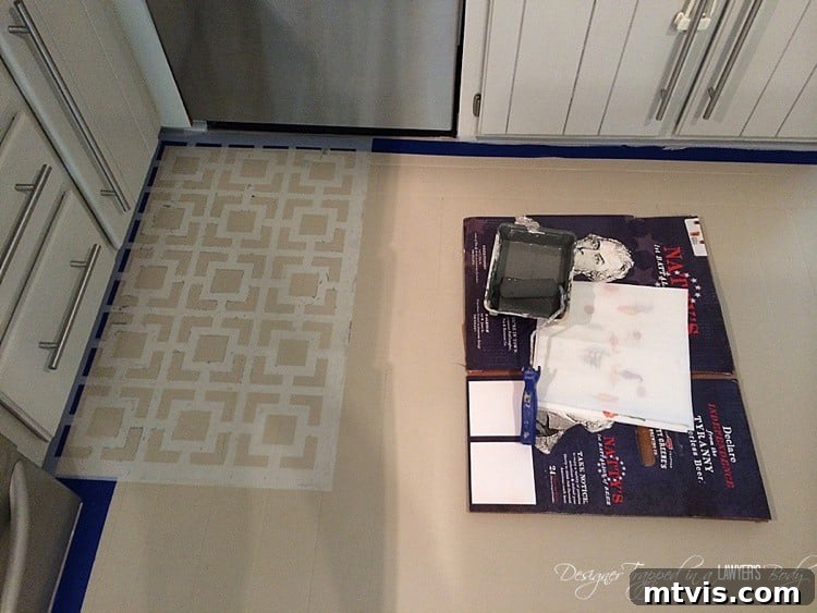 Achieve perfect stenciled floor patterns by using a dense foam roller and ensuring it's nearly dry. Offload excess paint onto cardboard and paper towels to prevent bleeding, a crucial step for clean and crisp designs.
