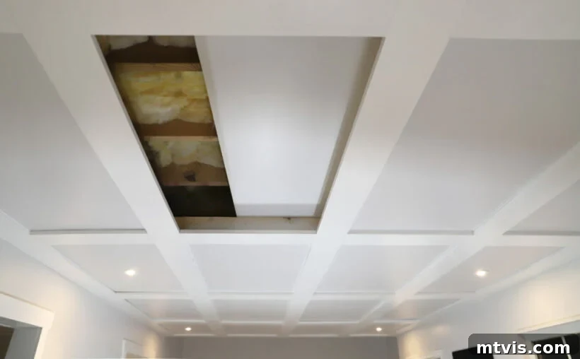 The Fifth Wall: Stunning Ceiling Designs 14 DIY coffered drop ceiling in basement, showing a blend of style and accessibility
