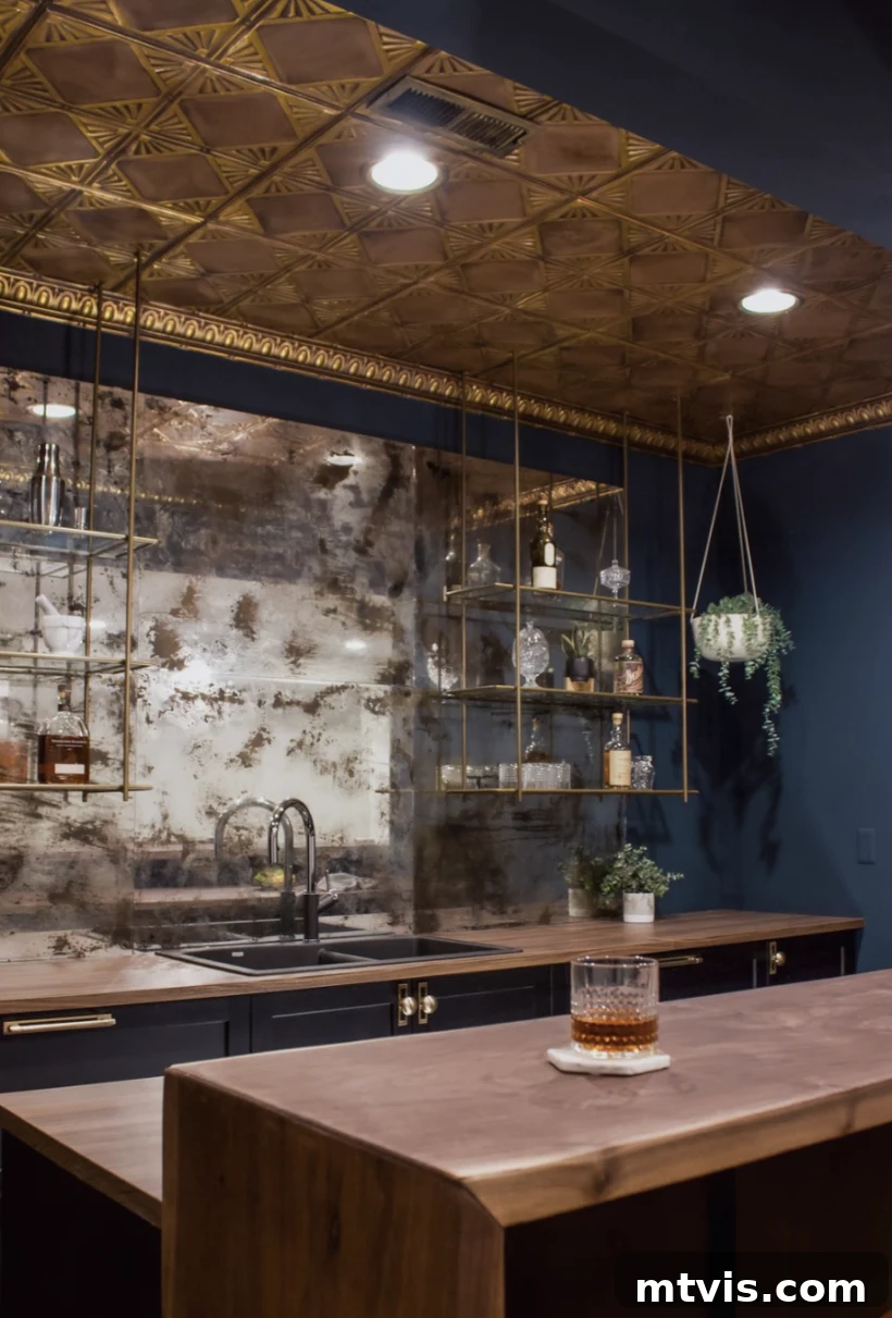 The Fifth Wall: Stunning Ceiling Designs 19 tin ceiling tiles on basement ceiling, adding vintage elegance to a bar area